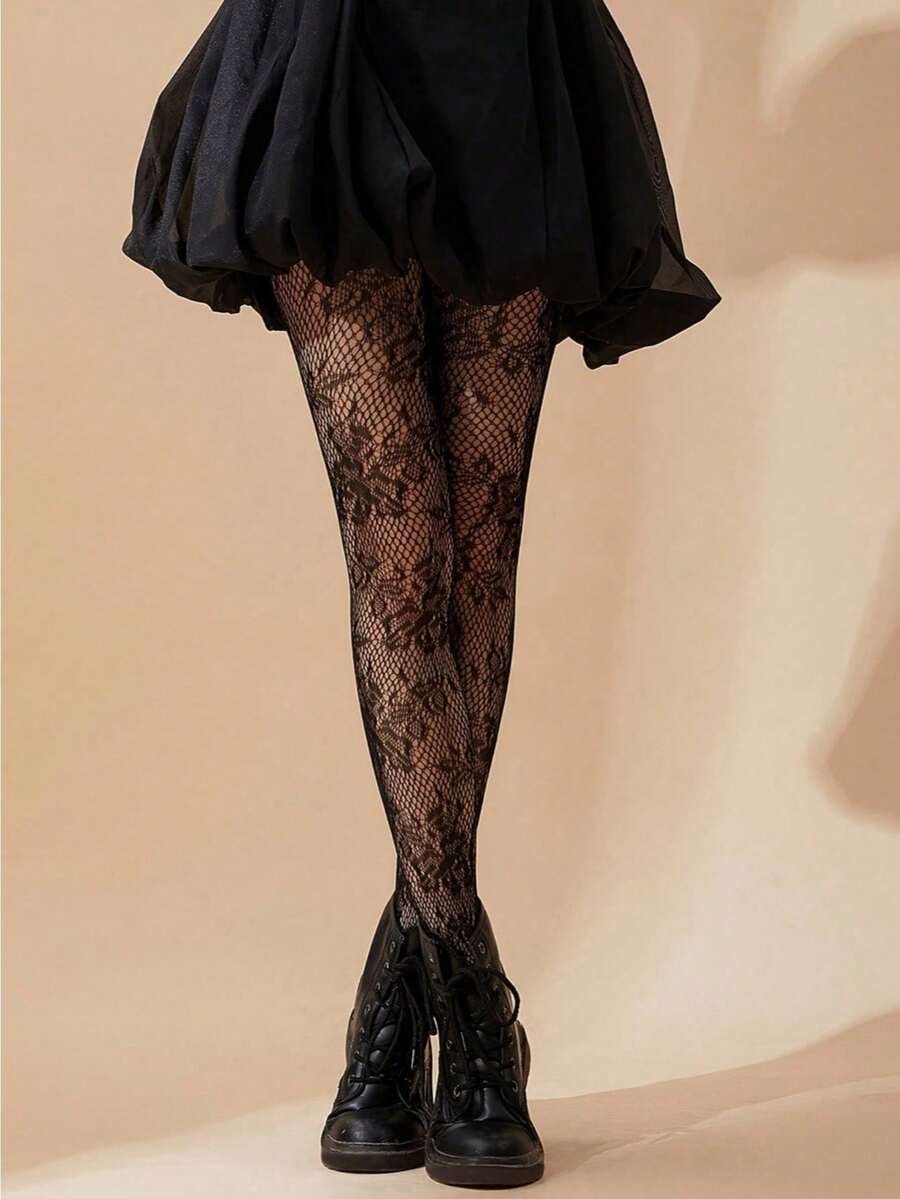 1 Pair Of Women's Black Floral Fishnet Transparent Pantyhose - 100% Breathable Delicate Leg Socks, Delicate Foot Coverage, Multifunctional Dress/Shorts Basement, Women's Transparent Stockings, Women's Pantyhose