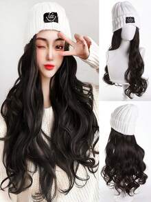 Knitted Hat Wig,White Knitted Hat,18 Inch Middle Long Body Wave Black Brown Synthetic Wig For Women Autumn And Winter Daily Use