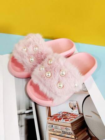 1 Pair Girls Plush Slippers With Pearl Decor, Comfortable Soft Bottom Fashion Slippers, Suitable For Indoor And Outdoor Wear