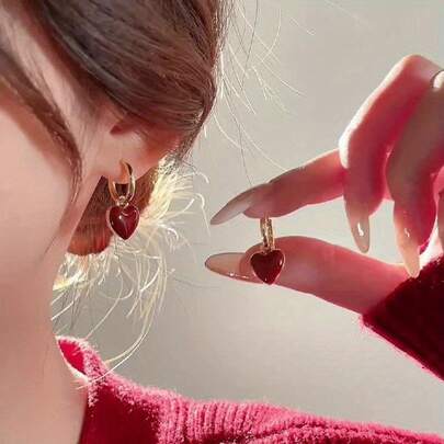 1 Pair Elegant Minimalist Red Heart Enamel Square Hoop Earrings, Versatile High-End Luxury Earrings Suitable For Women's Daily Wear, Great Gift For Holidays/New Year