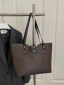 Bolso de mano grande con estampado de letras, bolso de hombro acolchado en forma de Y para mujeres, para ir al trabajo - Café - Ver 10