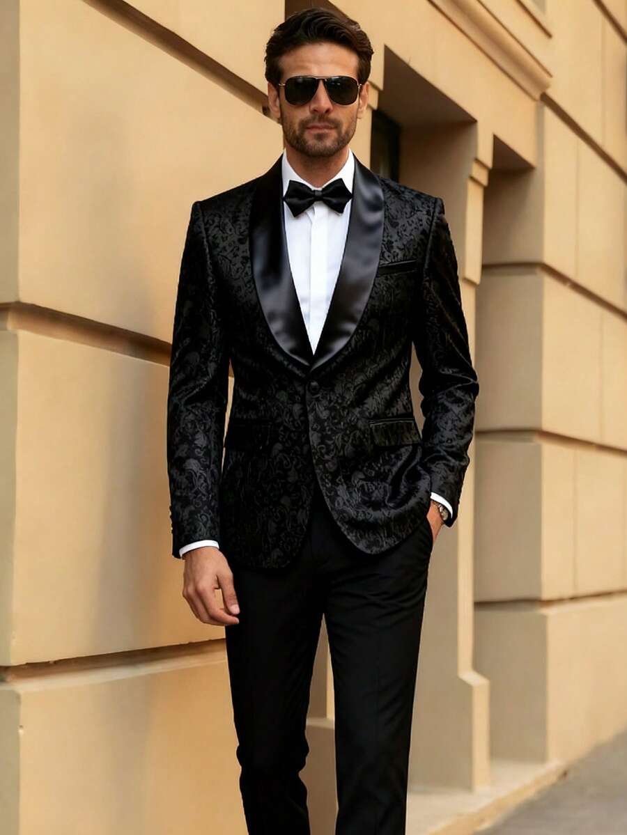Men's 2-Piece Suit Set With Black Shawl Lapel Tuxedo, Paisley Jacquard Dinner Jacket & Black Pants For Wedding, Prom, Formal Events - màu đen - Xem 1