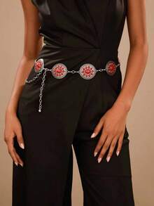 A Round Retro Pattern Turquoise Fashion Temperament Waist Chain, Women's Fashion All-Match Dress Belt, Body Jewelry, Christmas Accessories Waist Chain. Suitable For Spring, Summer, Autumn And Winter, Punk Style. - Round Sun - View 5