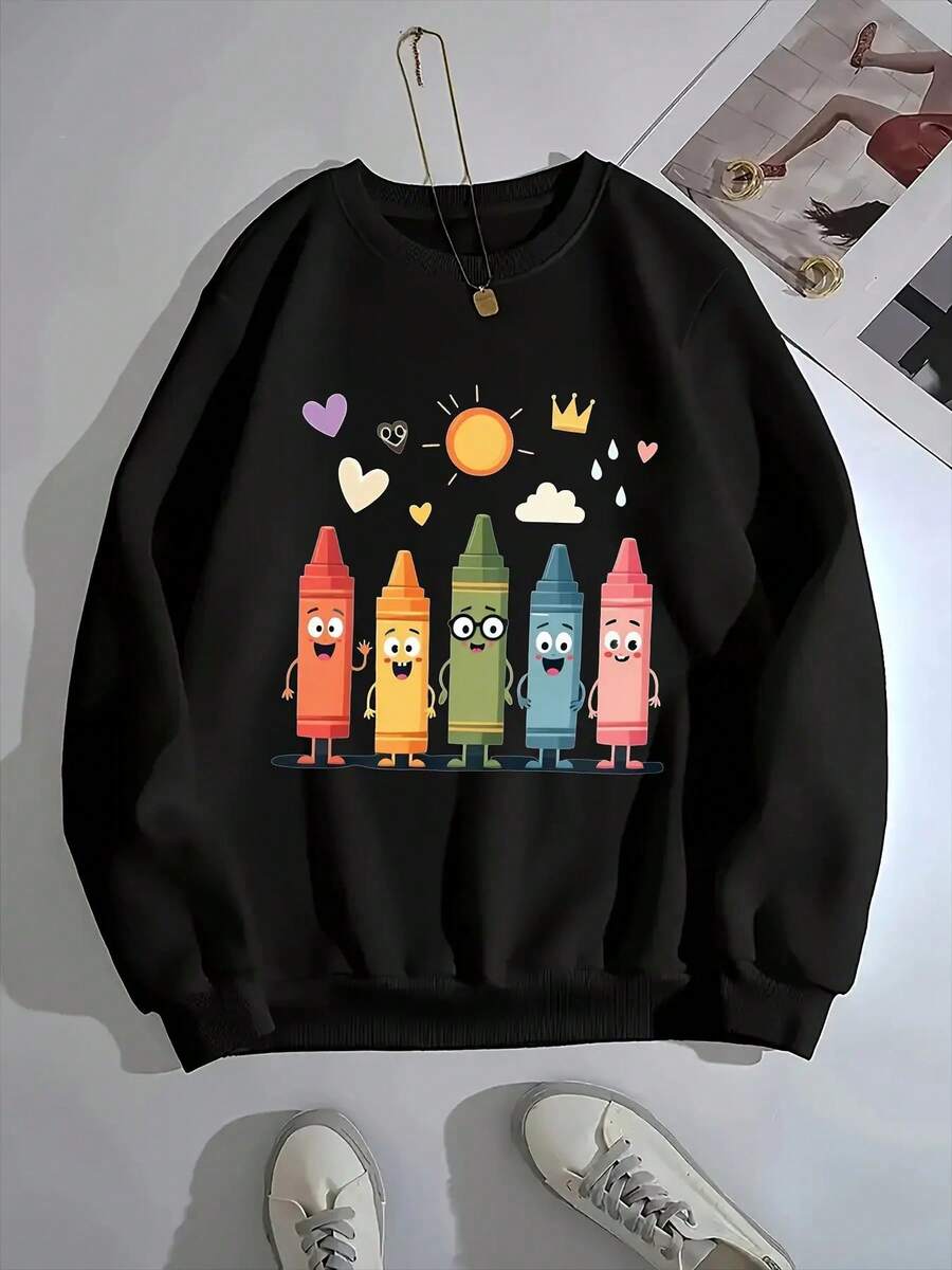 2026 New Year Outfit Women's Round Neck Sweatshirt - Olive Green Casual Pullover With Cute Crayon Pattern, Machine Washable Daily Sweater, Suitable For Art Teachers, Kindergarten Teachers' Fun Educational Clothing Gift, Cute Sweatshirt, Essential For Art Teachers, Kindergarten Dress Up, Cartoon Print Design, Comfortable Fit, Durable Fabric Loose And Comfortable Winter Clothes For Women - 黑色 - 查看 1