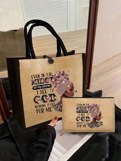 Large Capacity Linen Tote Bag And Storage Bag Set, Female Portrait And Butterfly And Flower Prints, Durable Reusable Multi-Functional Travel Bag Water-Resistant, Easy-Clean Fabric With Multiple Pockets Including Large And Small Wallets, Handbags, Coin Wallets, Handbags And Wallets, Card Bags, For Shopping