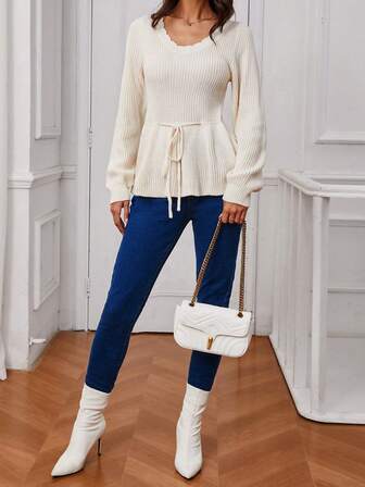 女士花瓣V领抽绳长袖毛衣，秋冬款