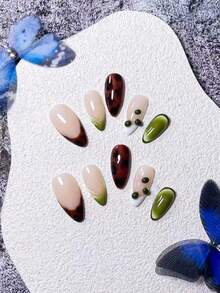 10pcs Handmade Almond-Shaped Leopard Print Tie Dye Green Gradient False Nails, Handcrafted Leopard Print Tie Dye Green Coffee Bean, Hand-Painted Green Tie Dye Gradient, Elegant And Romantic Minimalist Wear, High-End Sexy Luxury Manicure Stickers, Suitable For Daily, Dates, Concerts And Light Business Occasions, An Excellent Gift For Women And Girls Nail Supplies - Multicolor - View 6