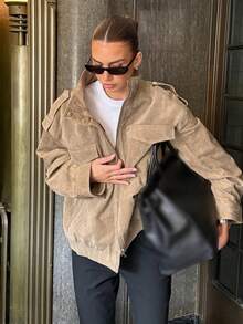 Chaqueta de ante caqui para mujer, de estilo casual y oversize, con bolsillos, para el otoño