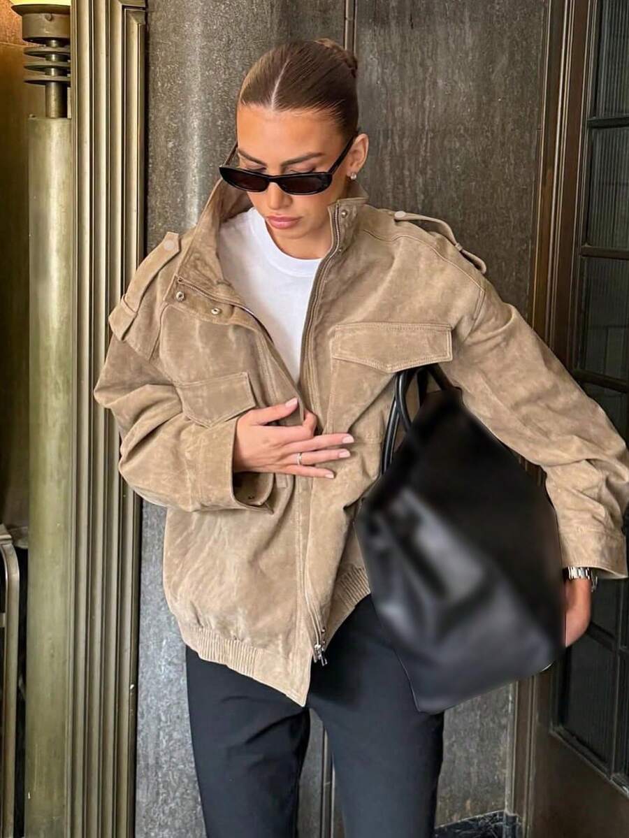 Chaqueta de ante caqui para mujer, de estilo casual y oversize, con bolsillos, para el otoño