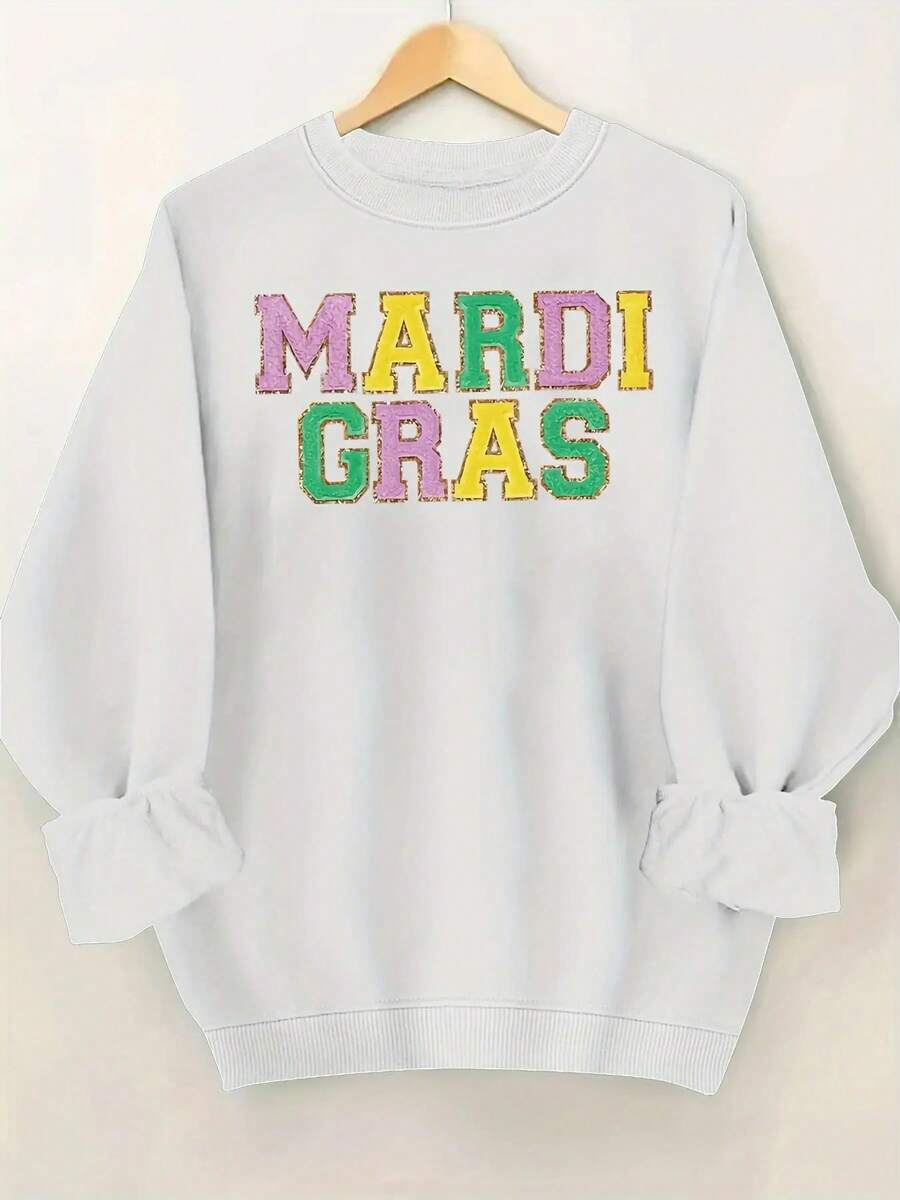 Women's Plus Size Mardi Gras Letter Print Sweatshirt - Colorful Sequin Accents, Crew Neck Long Sleeve Casual Pullover, Machine Washable Spring & Fall Fashion Top, Festive Clothing, Playful Design, Stylized Text Design - 白色 - 查看 1