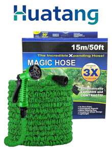 HuaTang Buena Calidad  Manguera de Jardín 15m,22.5m,30m,38m,46m Expandible 3X de su tamaño original, Manguera de Retracción para riego de jardines, plantas, baño de mascotas, lavado de automóviles. Manguera Expandible 22.5m/75 ft con Boquilla Rociadora de Multifunción de 7 distintos tipos de riego y aspersión para tu jardín. Color Sorpresa (Azul y Verde) - Verde - Ver 4