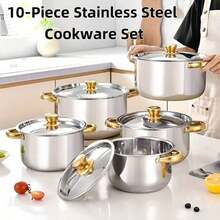 10 Pieces Stainless Steel Pot Set With Lid, Colorful Soup Pot Combination, 5-Piece Pot Set And 5-Piece Pot Lids, Cooking Pot, Soup Pot, Capped Pot Set, Boxed Pot Set, Cooking Pot Set, Kitchen Tools, Ideal Gift For Housewarming & New Apartment, Dinner For Thanksgiving, Halloween, Christmas, Family Gifts - Vàng - Xem 3