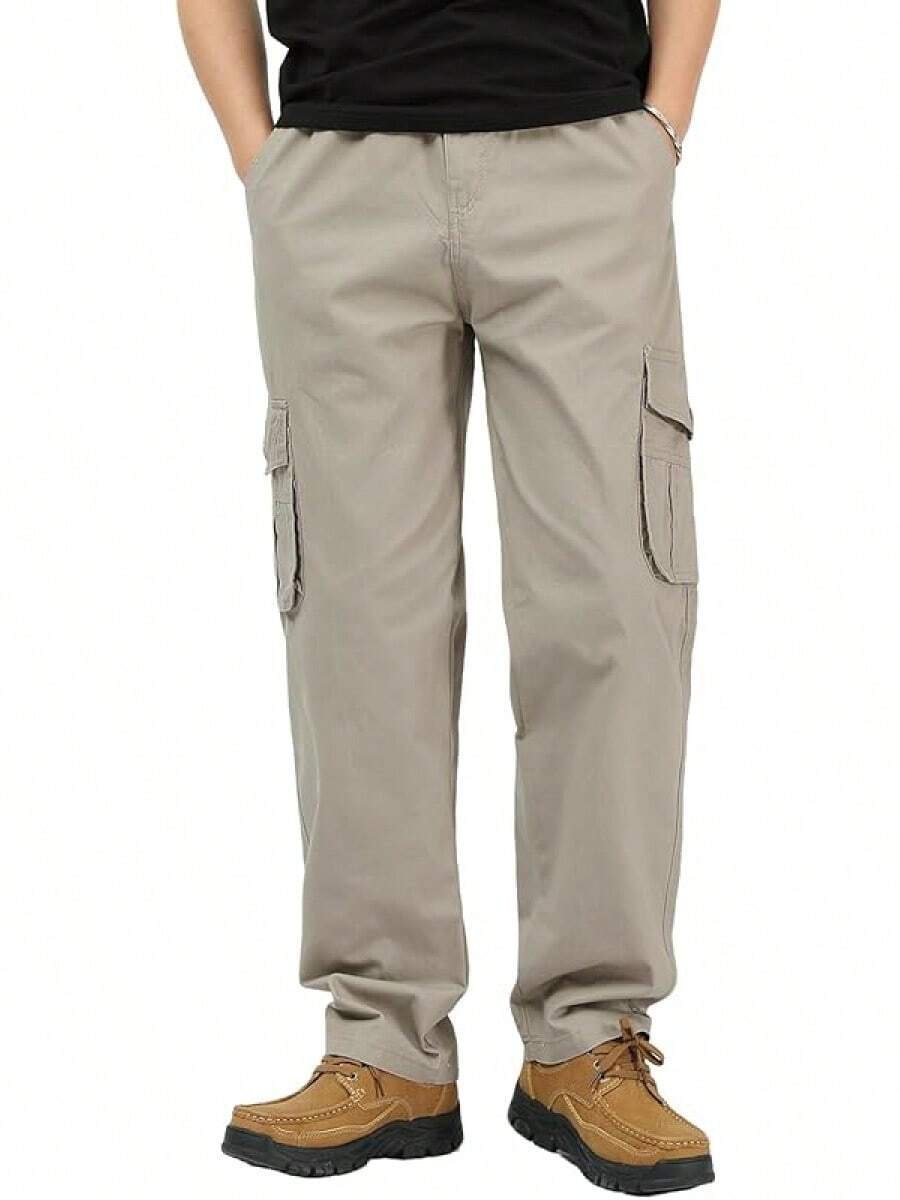 XINTM Men's Cotton Work Trousers, Baggy Cargo Pants, Tear-Resistant, Multiple Pockets, Elastic, For Work, Hiking - 棕色 - 查看 1