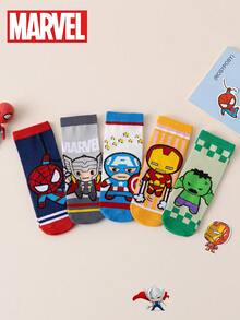 Marvel 5双装儿童袜子，蜘蛛侠和复仇者联盟主题中筒袜，卡通风格，适合女孩，秋冬季 - 彩色 - 查看 5