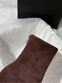 Brown One-Piece Ankle Boots With A Plain Temperament Short Boots For Women With High Heels 2025 Autumn And Winter New Versatile French Thin Heels Elastic Velvet Pointed Narrow Boots Metal Zipper At The Back - Brown - View 11