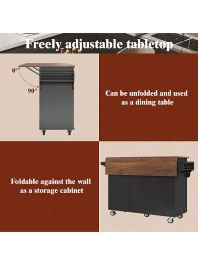 Kitchen Trolley Diagonally Gestreepte Cabinet Doors, Removable Towel Spice Rack, Adjustable Dividers, Sideboard, Tafel Top Wood Grain, Zwart view 4