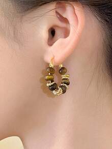 1 Pair Women's Bohemian Style Golden Beaded Tiger Eye Stone Earrings, Suitable For Daily Wear, Dates, Parties And Banquets - Multicolor - View 2