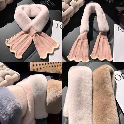 1pc Fluffy Neck Warmer For Women, Thickened Faux Rabbit Fur Knitted Scarf, Korean Style, Autumn/Winter