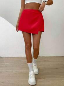 KLIOU FAHION Shorts femininas saia Alfaiataria elegante com ziper cintura alta liso barra assimétrica por dia a dia / passeio / férias - Vermelho - Visão 6