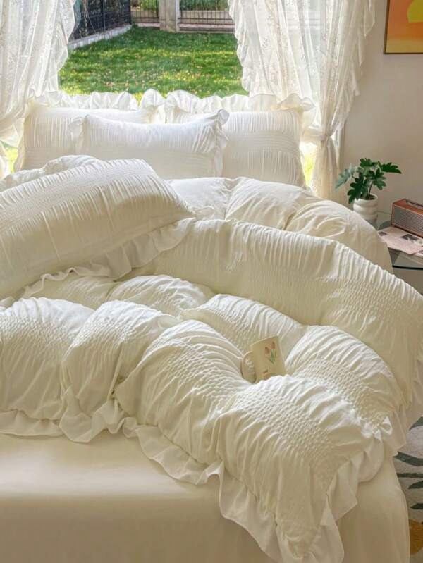 Juego de funda nórdica King Size de 3 piezas con volantes de seersucker blanco, de tela suave, con cremallera y lazos, para decoración de dormitorio de niñas, respirable y fácil de cuidar
