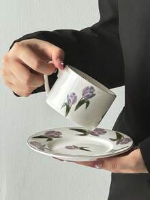 1 套郁金香咖啡杯碟套装，陶瓷材质，法国复古紫色郁金香陶瓷咖啡杯碟，精致奢华风格，咖啡的理想选择，完美的生日和节日礼物，适合家庭使用，送给他的绝佳礼物，有趣的杯子 - 彩色 - 查看 10