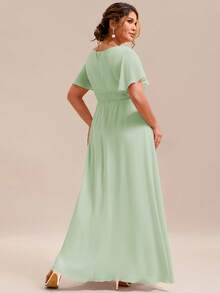 EVERPRETTY Elegant Plus Size Sage Green Chiffon Dress, Round Neck Ruffle Sleeve, Suitable For Wedding Guest, Party, Bridesmaid, Mother Of The Bride Spring - Mint Green - View 3