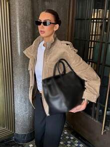 Chaqueta de ante caqui para mujer, de estilo casual y oversize, con bolsillos, para el otoño