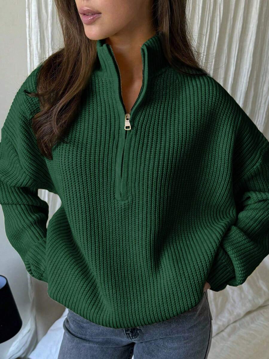 Women's Simple Ribbed Solid Color Casual Korean Textured Commuter Loose Versatile Stand Collar Zipper Half-Placket Pullover Long Sleeve Sweater, Spring/Autumn/Winter