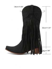 Women Cowboy Boots Mid Calf Fringe Boots Embroidered Western Cowgirl Boots Knee High Boots Pointed Toe Chunky Heel Pull On Tassel Boots For Wedding Party Winter Shoes - 黑色 - 查看 5