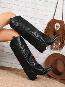 Autumn And Winter Women's Fashion Rivet Party One-Step Knee-High Pants Boots, Black Retro Thick Heel Pointed Western 5cm High Heel Boots, Rivet Design Suitable For All Kinds Of Festival Wear - 黑色 - 查看 2