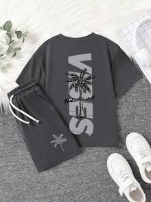 Young Boy Summer Casual Everyday Commute Vacation Style Palm Tree & Letter Print Loose Fit T-Shirt And Drawstring Waist Shorts Set - Dark Grey - View 3