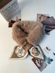 1条女士针织毛绒领围巾，搭配鱼尾缎带拼接设计，适合秋冬季日常保暖搭配连衣裙 - 酒紅花 - 查看 10