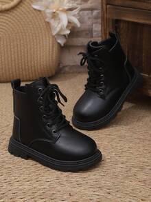 黑色真皮儿童靴一双，系带设计，侧拉链，皮带和金属扣设计，圆头，柔软平底防滑舒适可爱中筒靴，适合3-12岁男孩女孩，秋冬新款 - 黑色 - 查看 7