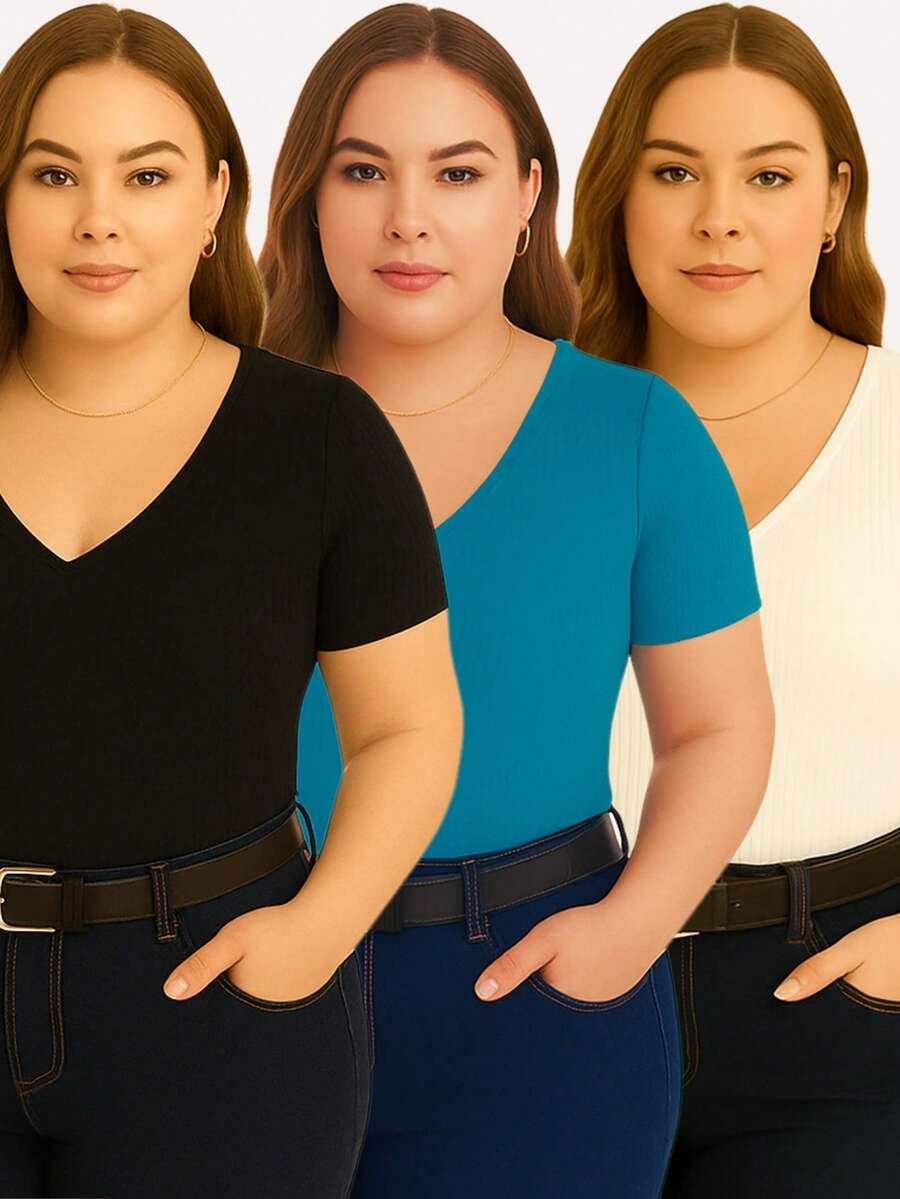 Kit com 3 blusas plus size decote v básica feminina - preto/azul turquesa/off - Visão 1