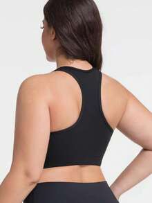 Reggiseno sportivo da donna con zip frontale, colore a contrasto, taglie comode, imbottitura rimovibile, adatto per attività all'aperto, yoga e sport - nero - Visualizzare 4