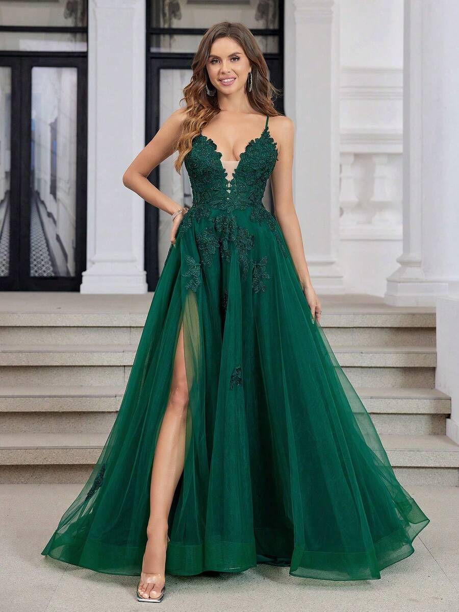 Lace Applique A Line Spaghetti Strap Mesh Formal Prom Dress Backless Cross Lace Up Backless High Split Lace Evening Party Gown Long Homecoming Party Dresses For Teens, For Valentine's Day Wedding