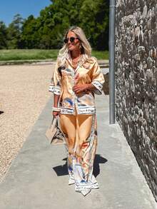 2pcs Women's Elegant Set, Button Collar Design, Wide-Leg Pants, Non-Stretch Fabric, Suitable For Casual And Party Wear - Orange - View 4