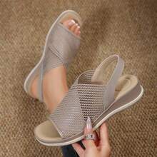 Walking Travel Sandals Womens Platform Walking Sandals Open Toe Ankle Sandals Shoes Elastic Strap Casual Comfortable Summer Dressy Outdoor Beach Wedges Heels Platform Sandals - 卡其色 - 查看 3