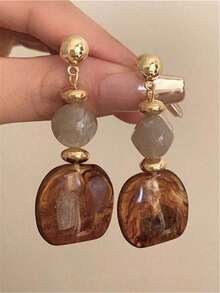 1 Pair Vintage Asymmetrical Tie Dye Acrylic Long Pendant Earrings For Women, European And American Style, Suitable For Party, Banquet, Travel, Wedding, Vacation, Daily Wear, Jewelry Gift - 棕色 - 查看 5