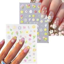 Flower Nail Art Stickers 7 Sheets 5D Nail Decals Spring Summer Nails Art Design 3D Self-Adhesive Supplies White Yellow Daisy Flower Nails Decoration For Women DIY Design{Inchcolor_nameinch:InchColorful-10inch} - 彩色-10 - 查看 6