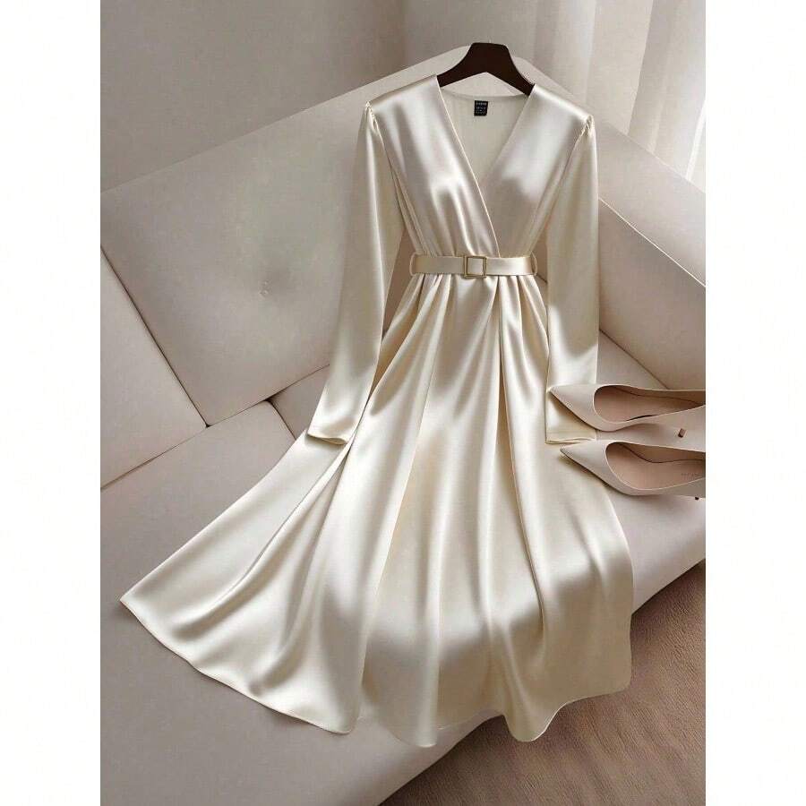 Satin + Belt Decor Long Sleeve Midi Dress - Apricot - View 1