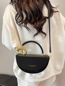 Niche Design Women's Handbag, Fashionable Retro High-Quality Textured Messenger Bag, Solid Color Versatile Underarm Saddle Bag, For Travel, Commuting - Black - View 7