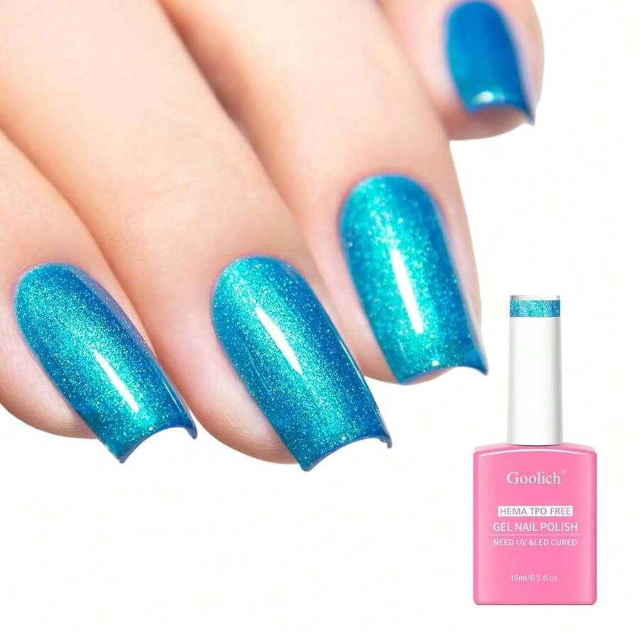 Pearl Turquoise Blue Glitter Gel Polish, 0.5 Fl Oz HEMA & TPO Free Blue Shimmer Sparkly Gel Nail Polish Soak Off UV LED Nail Art Design Manicure Salon For Women Fgirl{Inchcolor_nameinch:InchGlitter-PearlTurquoiseBlueinch} - 閃光珍珠綠松石藍色 - 查看 1