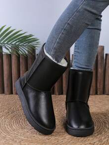 Western Style Thick Fleece Snow Boots For Women, Christmas Home Thick Sole Anti-Slip Boots, Brown, Black, Gray, Mid-Calf, Tall Snow Boots, Outdoor Thick Warm Boots, Casual Anti-Slip Snow Boots, Guiding Boots, Flat Furry Shoes, Comfortable Women Shoes - Black - View 3