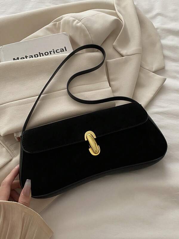 New Retro-Chic Suede Shoulder Bag For The 2025 Autumn/Winter Season. Features Metal Buckles, A Flap Closure, And A Lightweight, Minimalist Design. This Solid-Colour Soft-Sided Bag Is Perfect For Women's Daily Leisure Activities, Commuting, Work, And Student Use.
