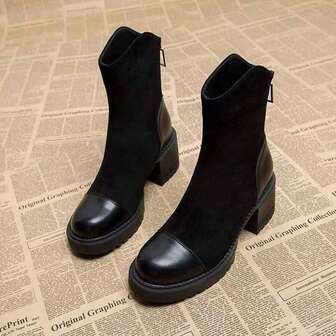 Elegant Vintage High Heel Short Boots For Women, 2025 Autumn/Winter New Fashion Leather & Suede Patchwork Back Zipper Ankle Boots, Versatile Commuting Stylish Boots