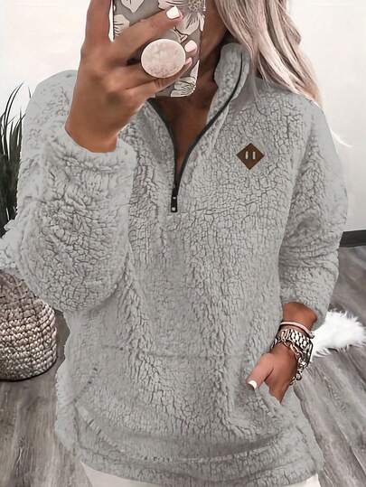 Pocket Pullover Sweatshirt, Casual Long Sleeve Teddy Sherpa Pullover, Fall/Winter For Women, Half-Zip Fleece Sweatshirt, New Fall Fashion 2025 For Women, Fall/Winter Sweatshirt