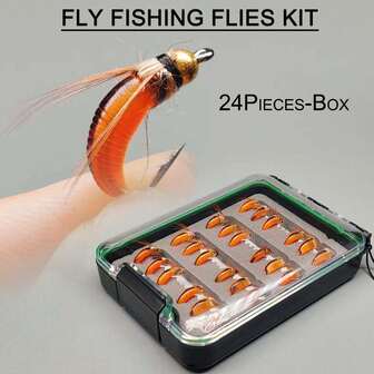 24Pcs Bead Head Nymph(Orange) Fly Fishing Flies Bait Fishing For Trout Streamer Nymph Artificial Bait Lure-With Fishing Box