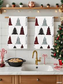 2 Pcs Black And White Kitchen Towels Dish Cloth Towels Absorbent Hand Towels Cleaning Cloths Simple Lines Christmas Tree Kitchen Towels Holiday Decoration Suitable For Dish Table - Red and White - View 3