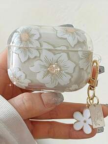 1pc Fashion White Flower Wireless Earphone Case Suitable For AirPods 4th Generation 1/2/3/Pro/Pro2, With Keychain Pendant, Transparent & Soft Protective Cover, Shock-Proof Slim Earphone Case, Great Gift For Friends PRLT - Hoa trắng - Xem 3